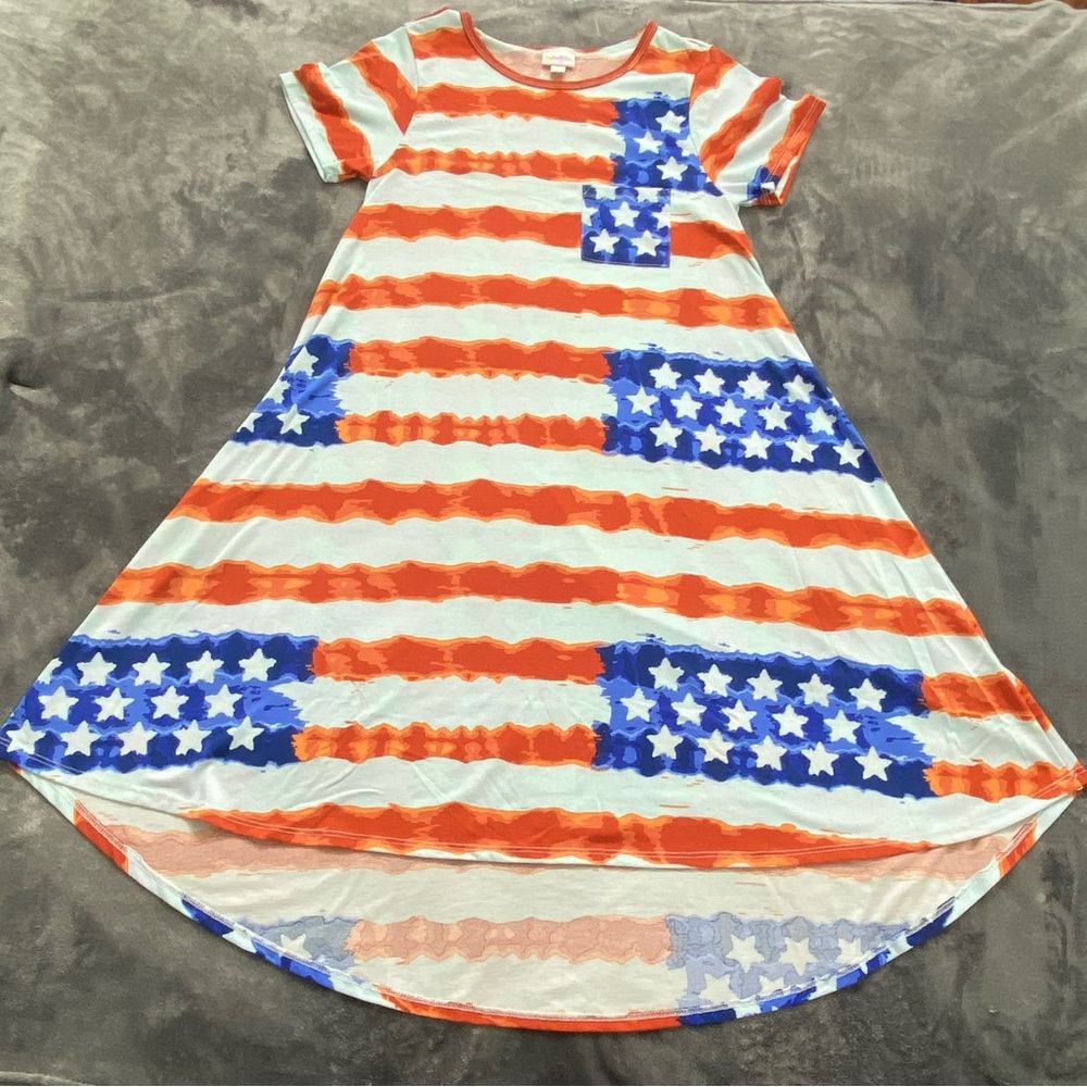 LuLaRoe Patriotic American Flag Carly Swing Dress Size XS Red Blue July 4th